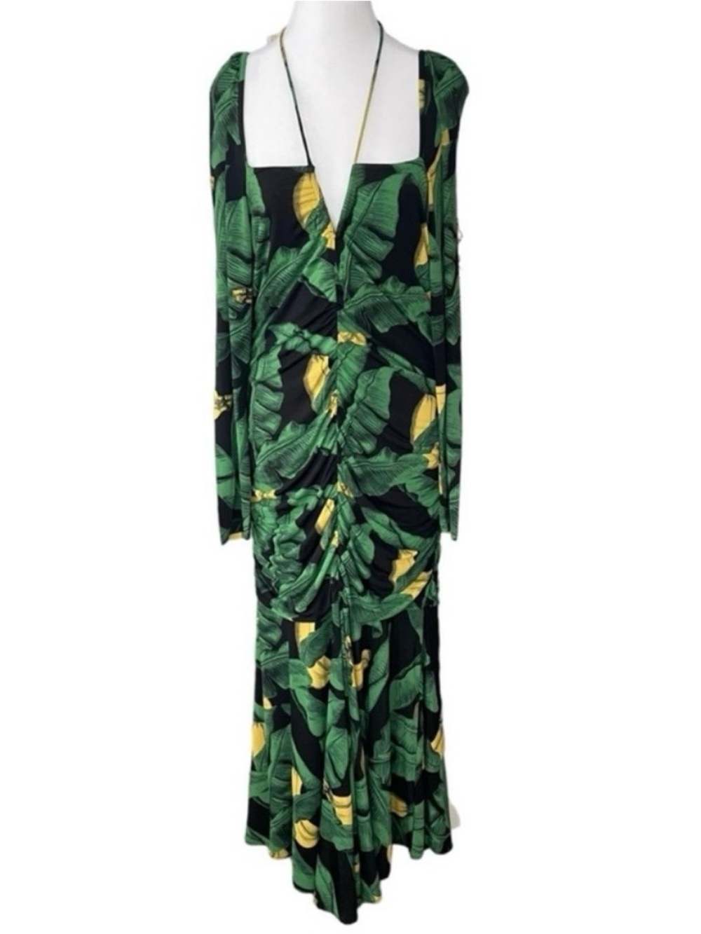 GANNI Printed Drapey Jersey Gathered Dress Ruched Banana Print
